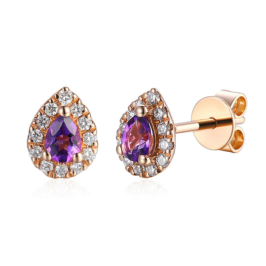 Pear-shaped Amethyst and diamond cluster stud earrings in yellow gold