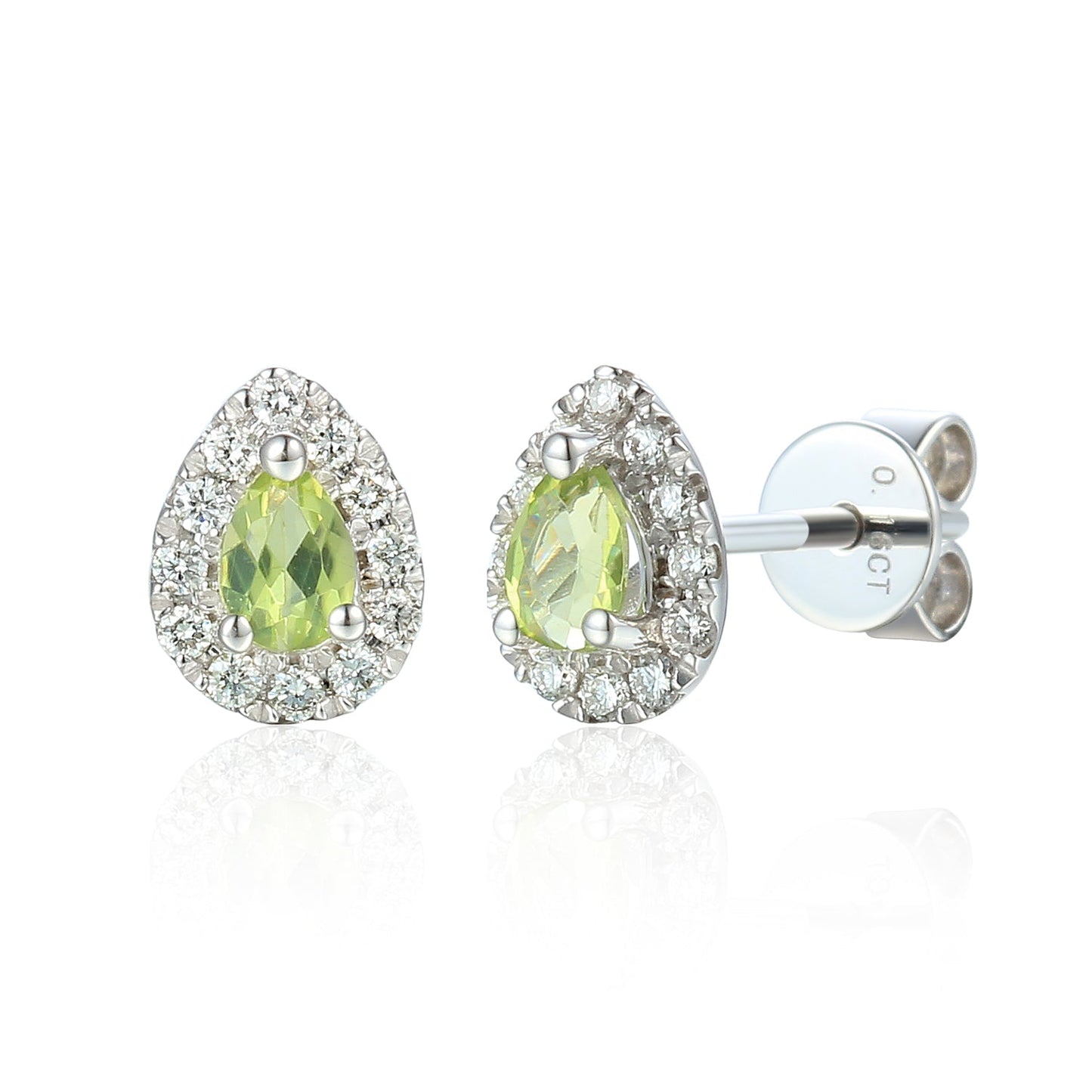 18ct white gold stud earrings featuring natural pear cut peridot gemstones surrounded by sparkling diamond clusters