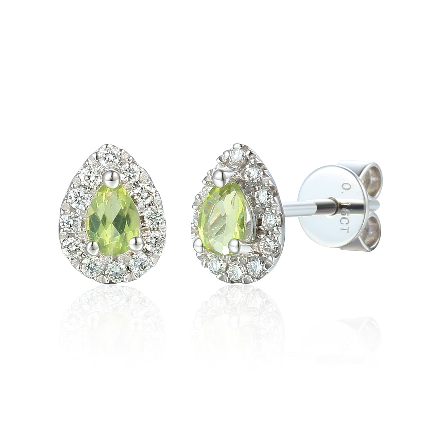 18ct white gold stud earrings featuring natural pear cut peridot gemstones surrounded by sparkling diamond clusters