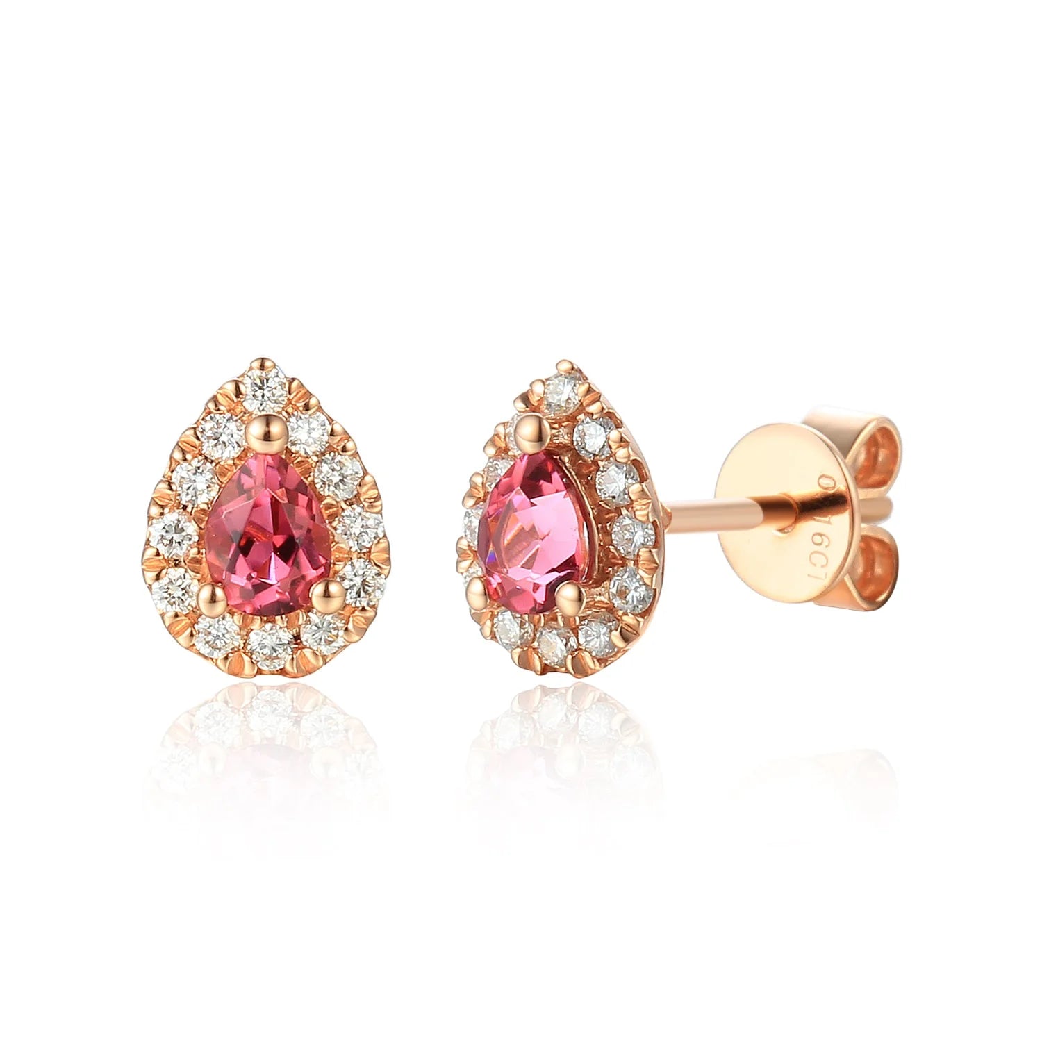 Pear shaped pink tourmaline and diamond cluster stud earrings in rose gold