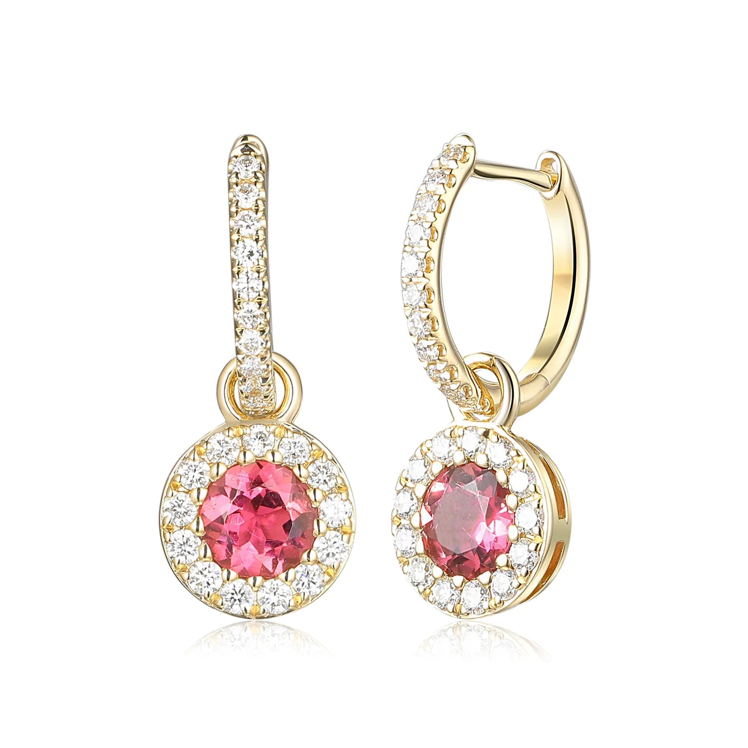 Gold hoop earrings with round pink tourmaline and diamond cluster drops