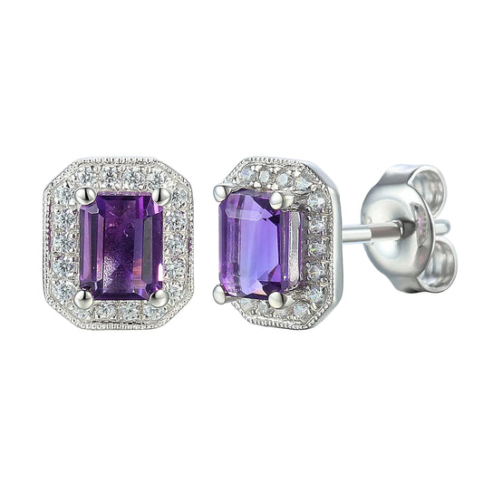 Gold Octagon Amethyst and Diamond Milgrain Earrings