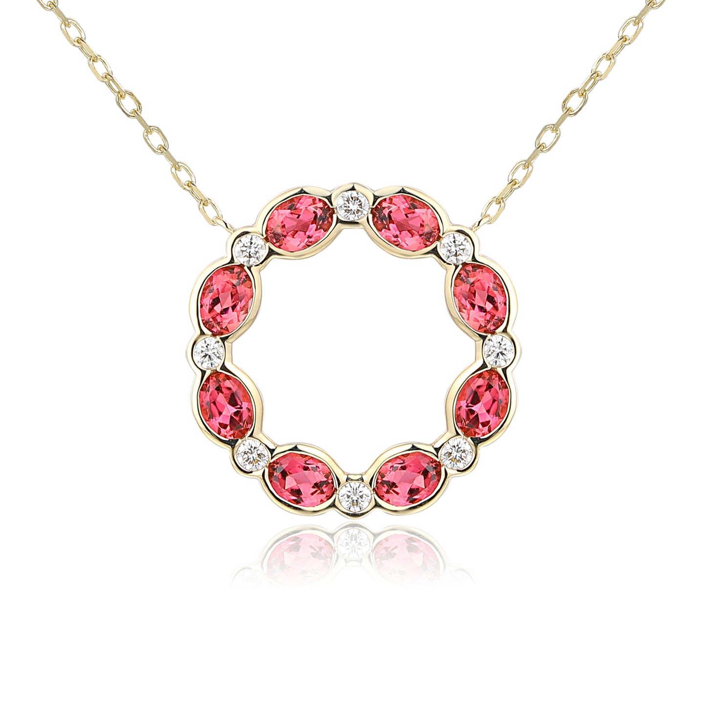 Oval pink tourmaline and diamond circle necklace in gold with natural pink gemstone and diamond surround.