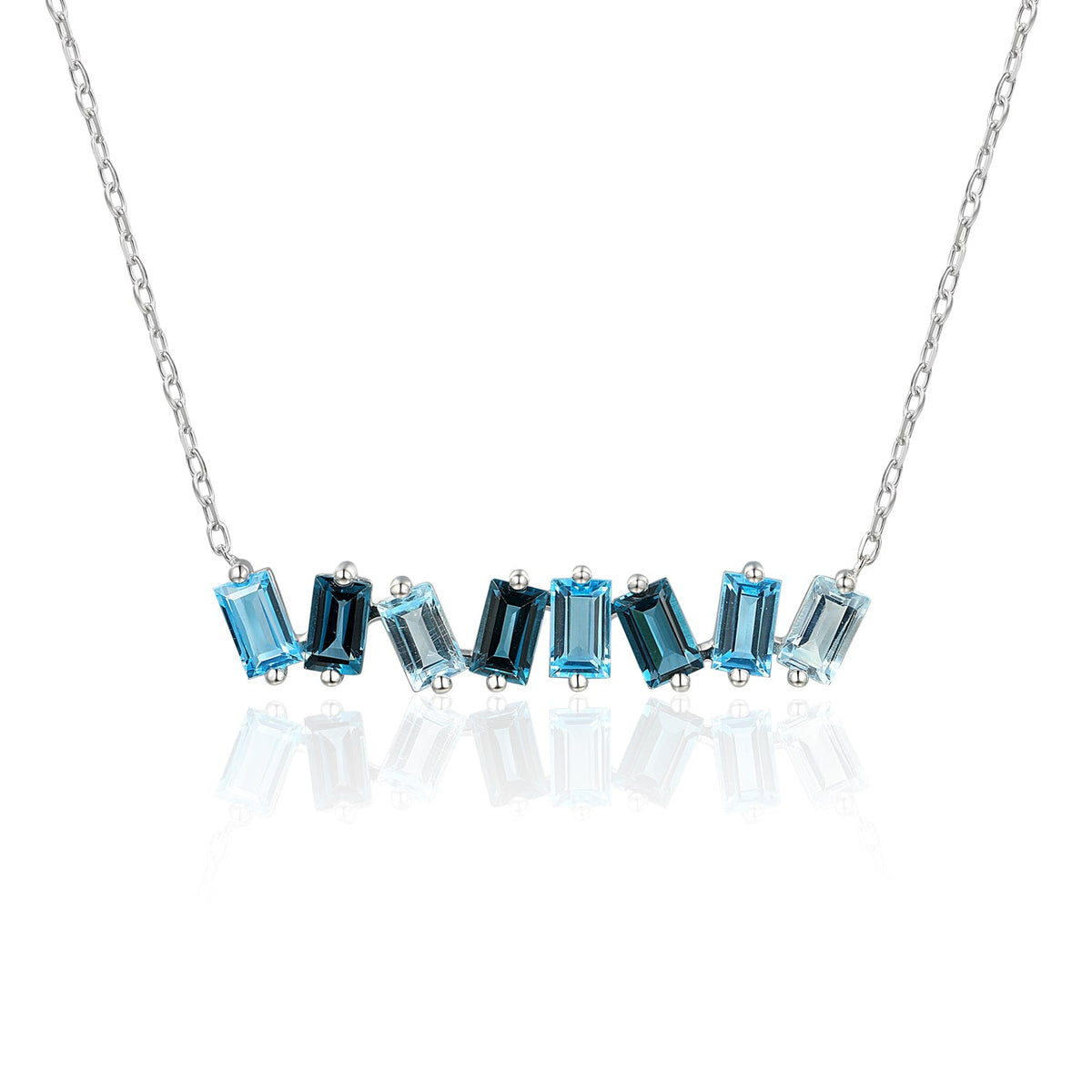 9ct white gold mosaic necklace with Swiss Blue and London Blue Topaz octagonal gemstones