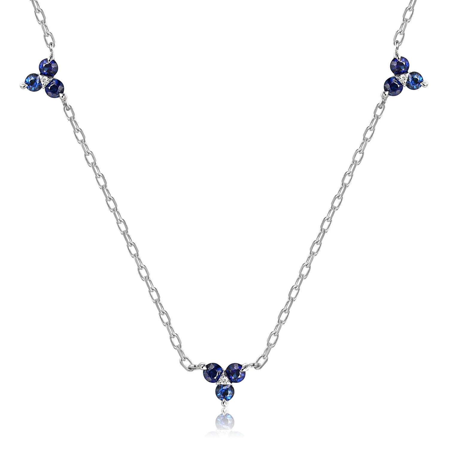 Fleur blue sapphire and diamond trefoil necklace with three floral gemstone clusters.