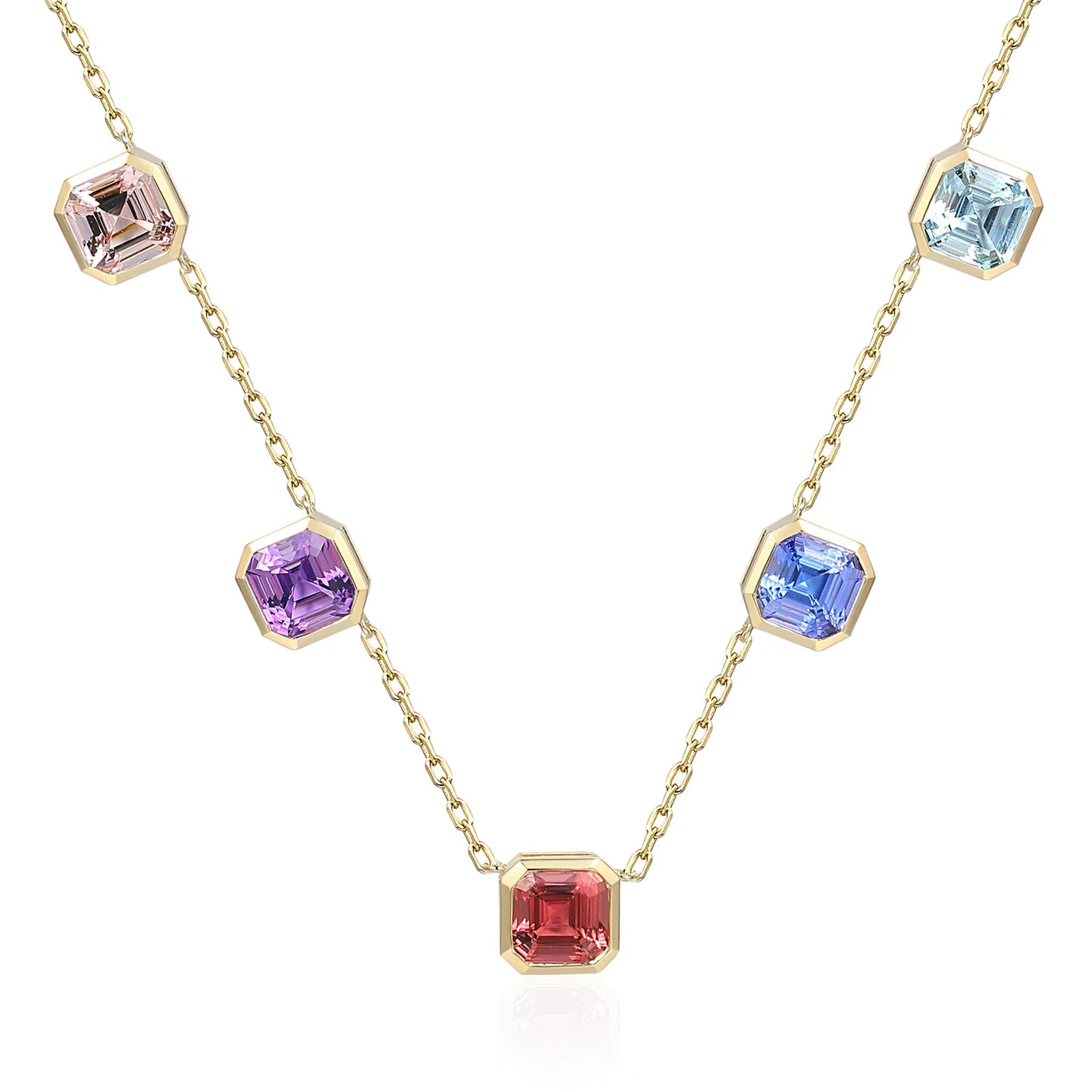 Multi-gemstone necklace featuring square step cut morganite, amethyst, pink tourmaline, tanzanite and aquamarine set in gold
