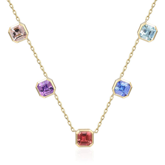 Multi-gemstone necklace featuring square step cut morganite, amethyst, pink tourmaline, tanzanite and aquamarine set in gold