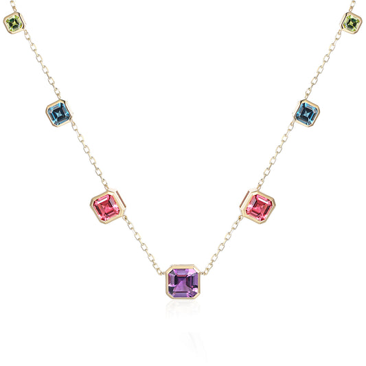 Square Step Cut Multi Gemstone Necklace