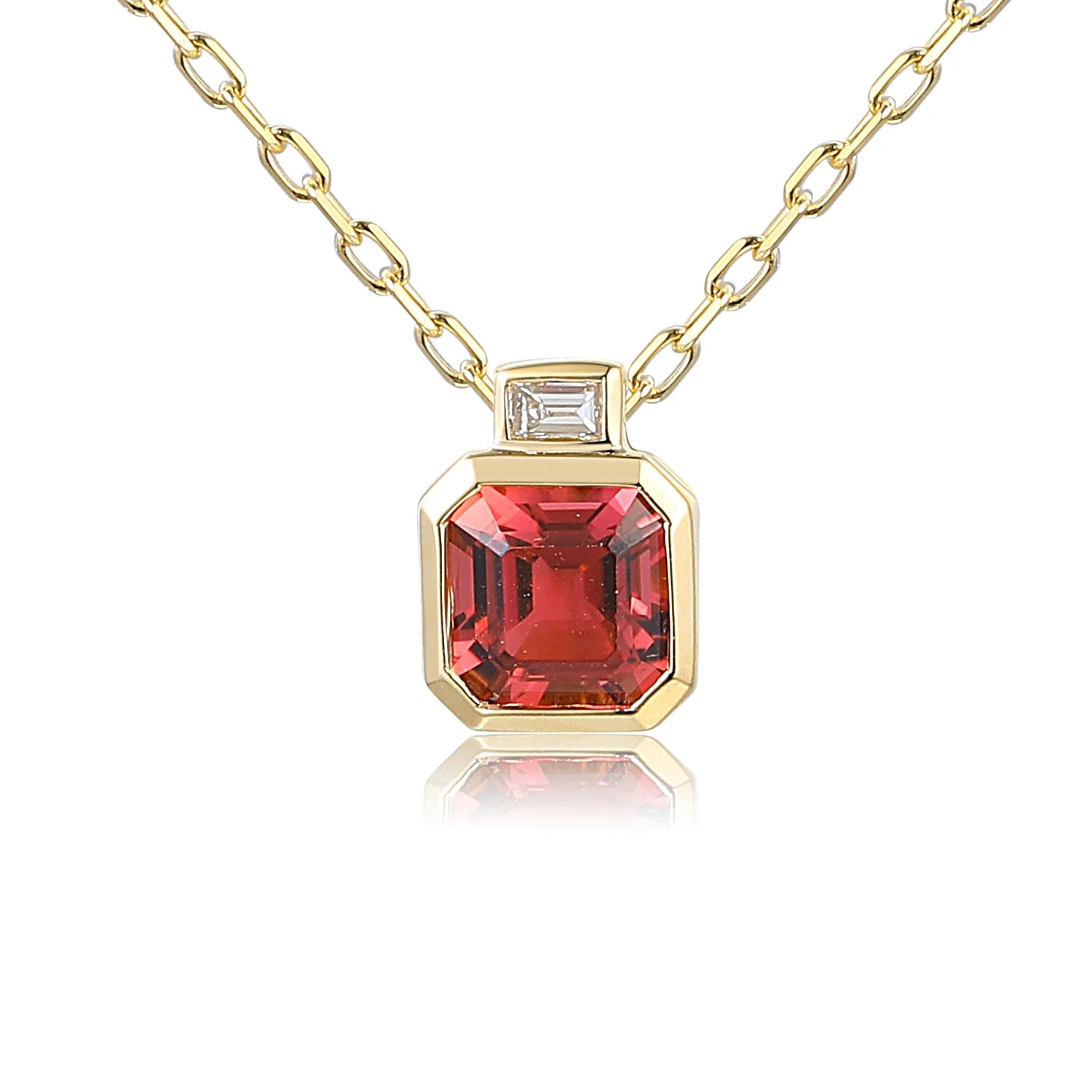 Pink tourmaline octagon necklace with emerald-cut diamond in gold