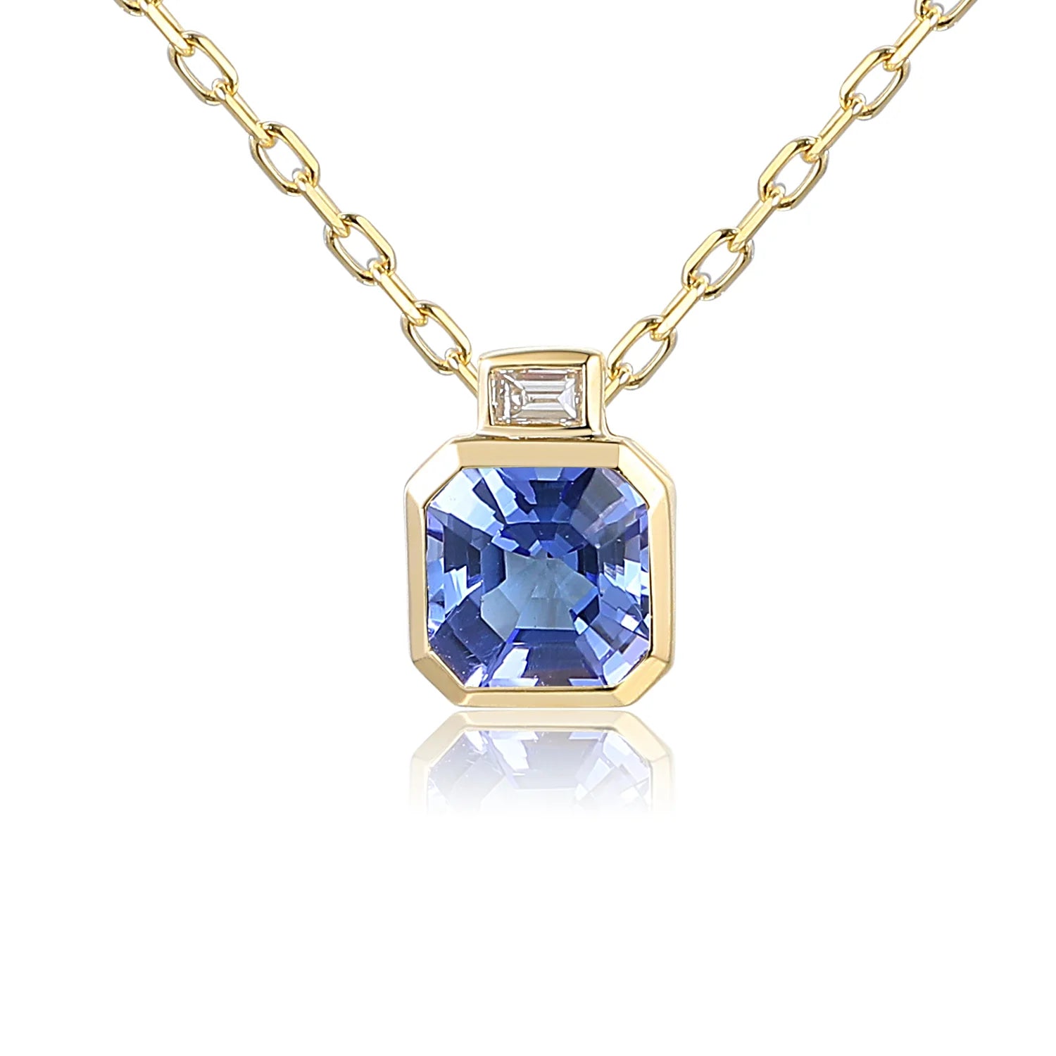 9ct yellow gold tanzanite necklace with emerald-cut diamond in rubover setting