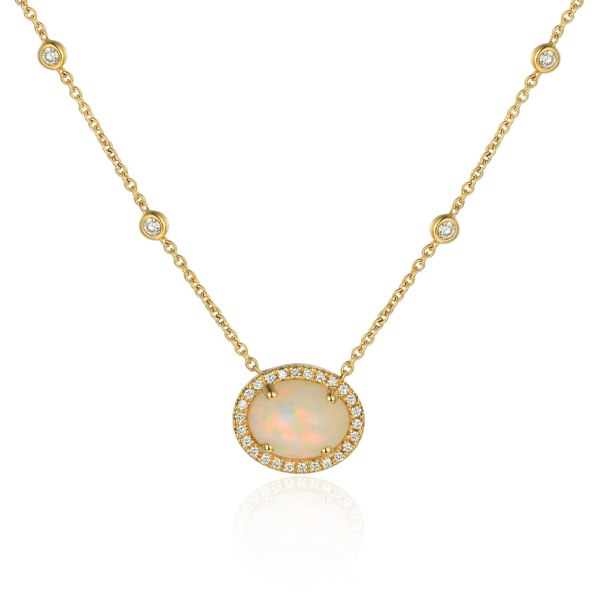 7 x 5 mm oval opal and diamond necklace in 18ct gold