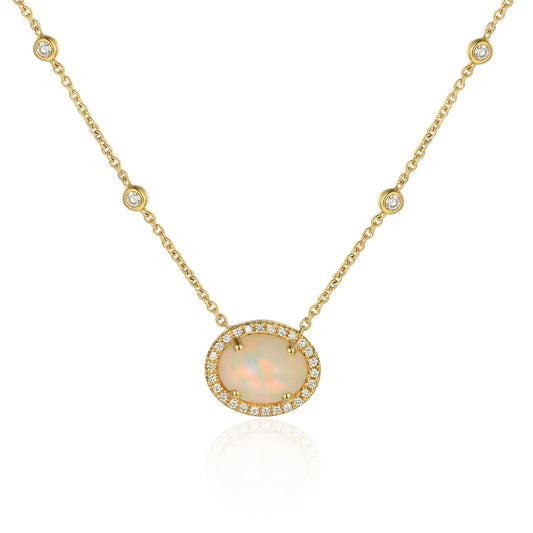 7 x 5 mm oval opal and diamond necklace in 18ct gold