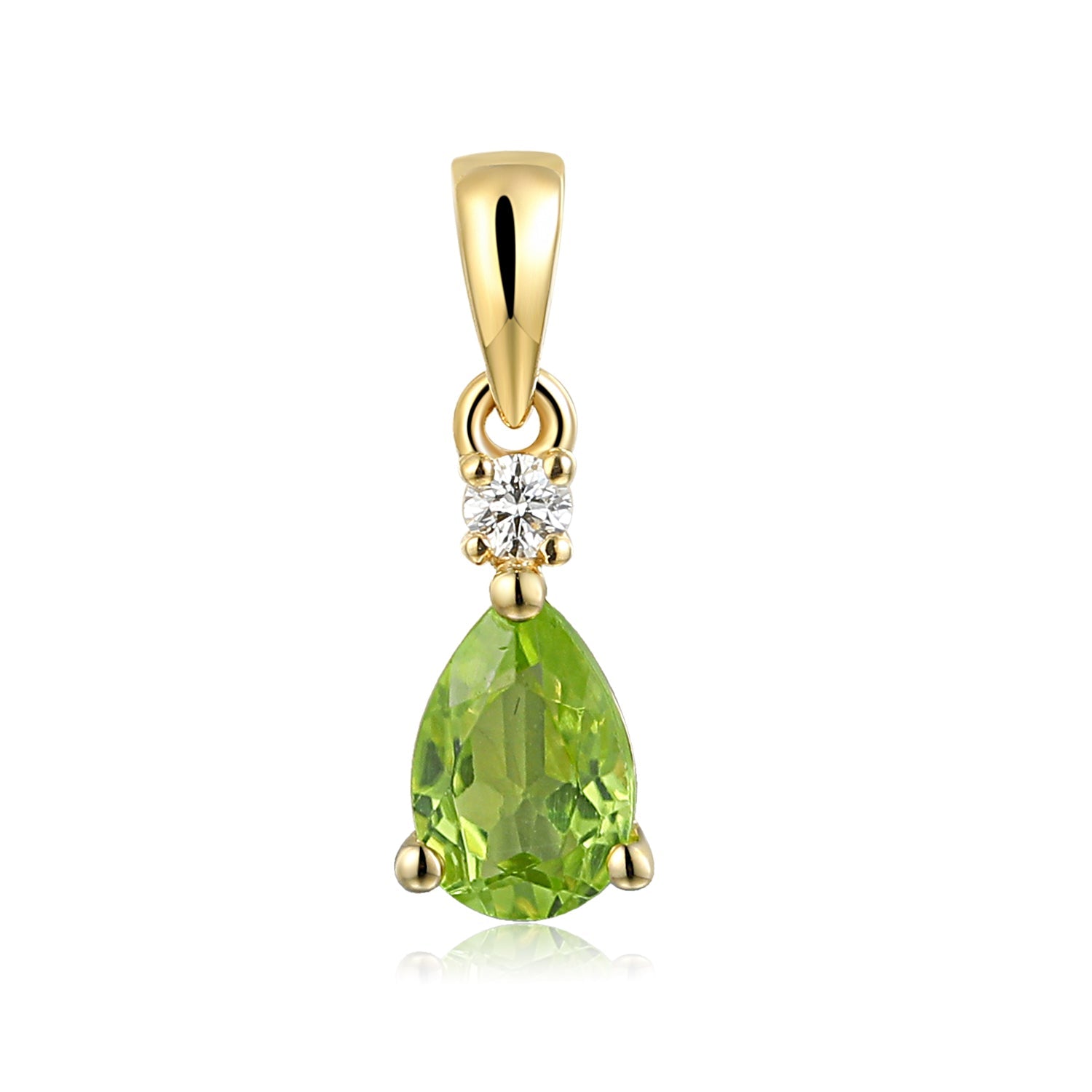 Yellow gold pendant featuring a natural pear cut peridot with three round brilliant diamonds