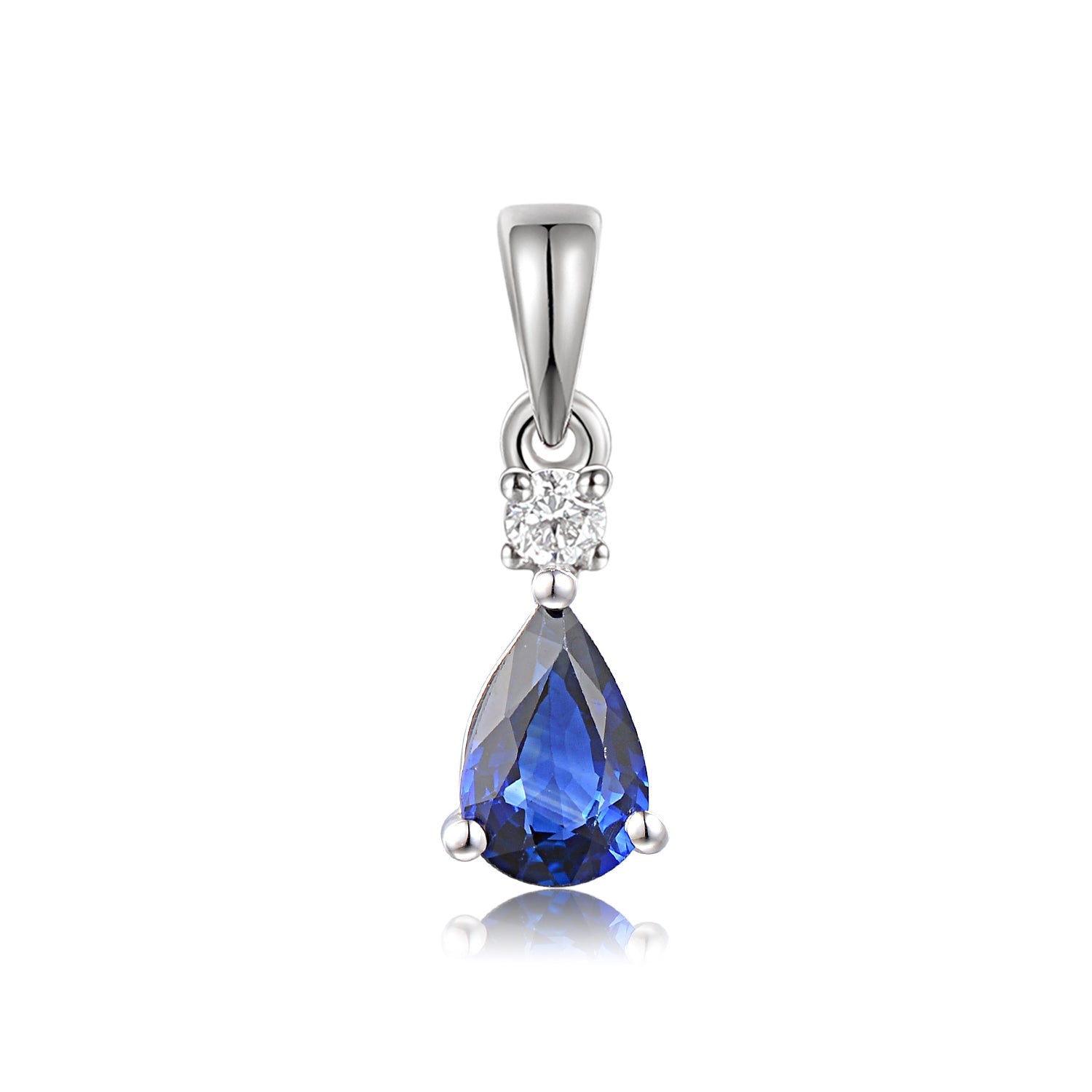Ondine pear-cut blue sapphire and diamond pendant with 6 × 4mm sapphire and round diamond in white gold.