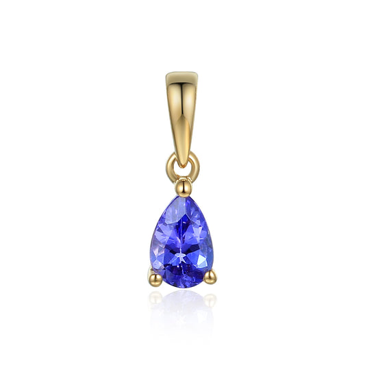 9ct yellow gold pear-shaped tanzanite pendant on 16–18 inch curb chain