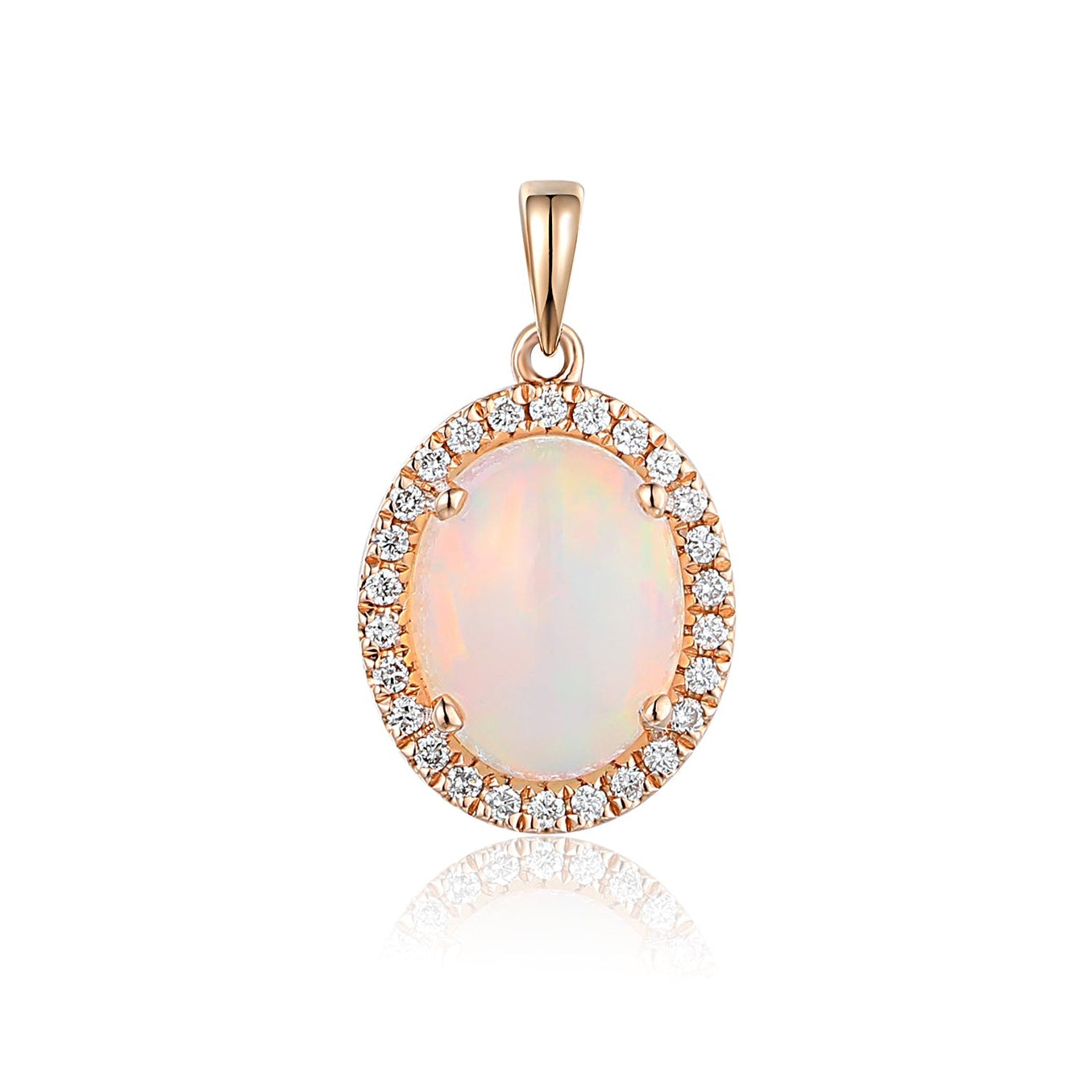 10 x 8 mm oval opal and diamond halo pendant in rose gold