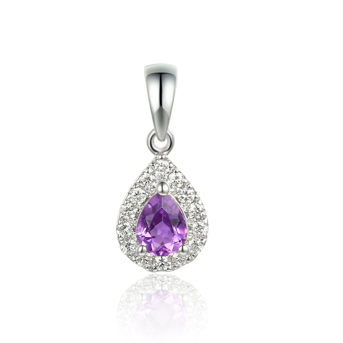 Pear-shaped Amethyst and diamond cluster pendant in white gold