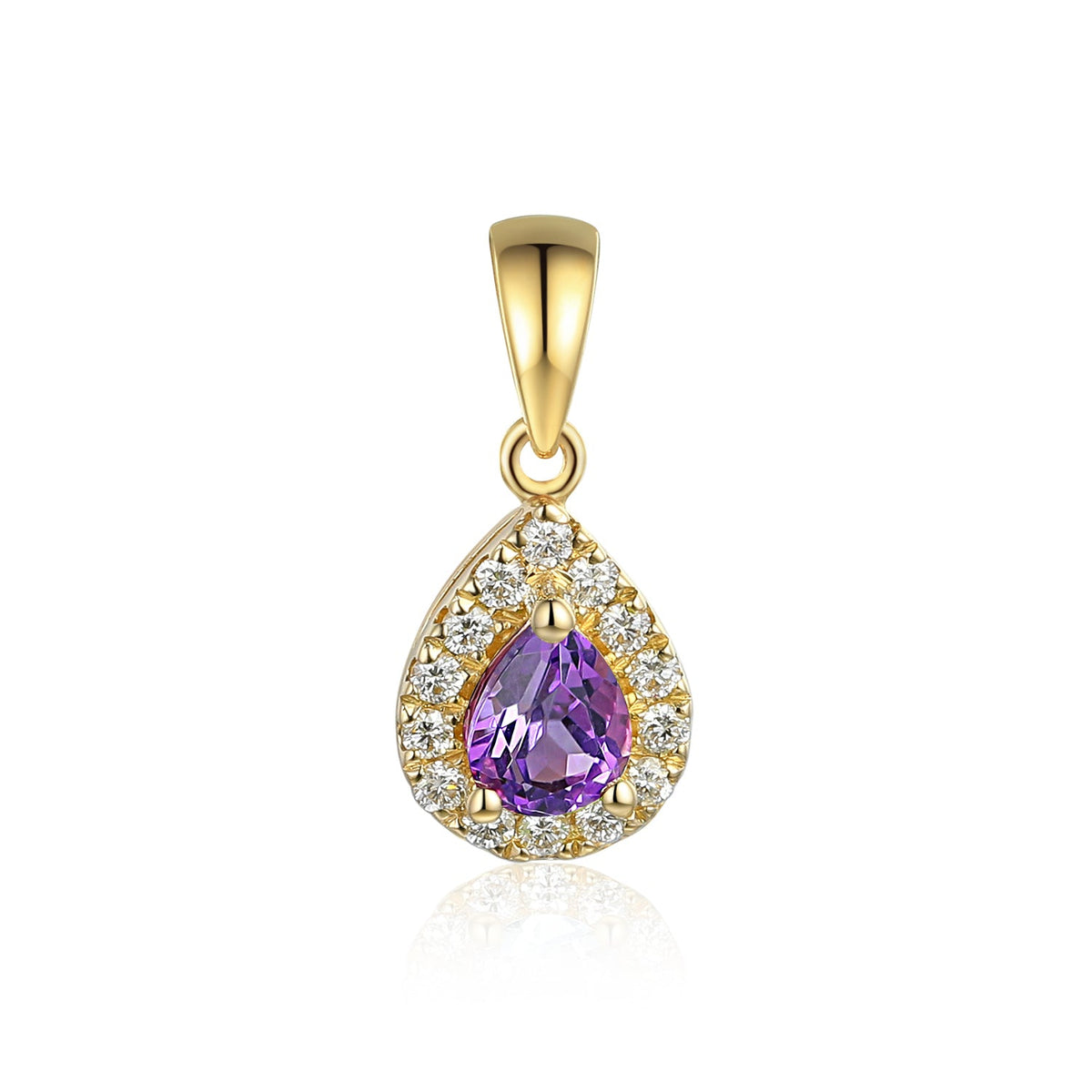 Pear-shaped Amethyst and diamond cluster pendant in yellow gold