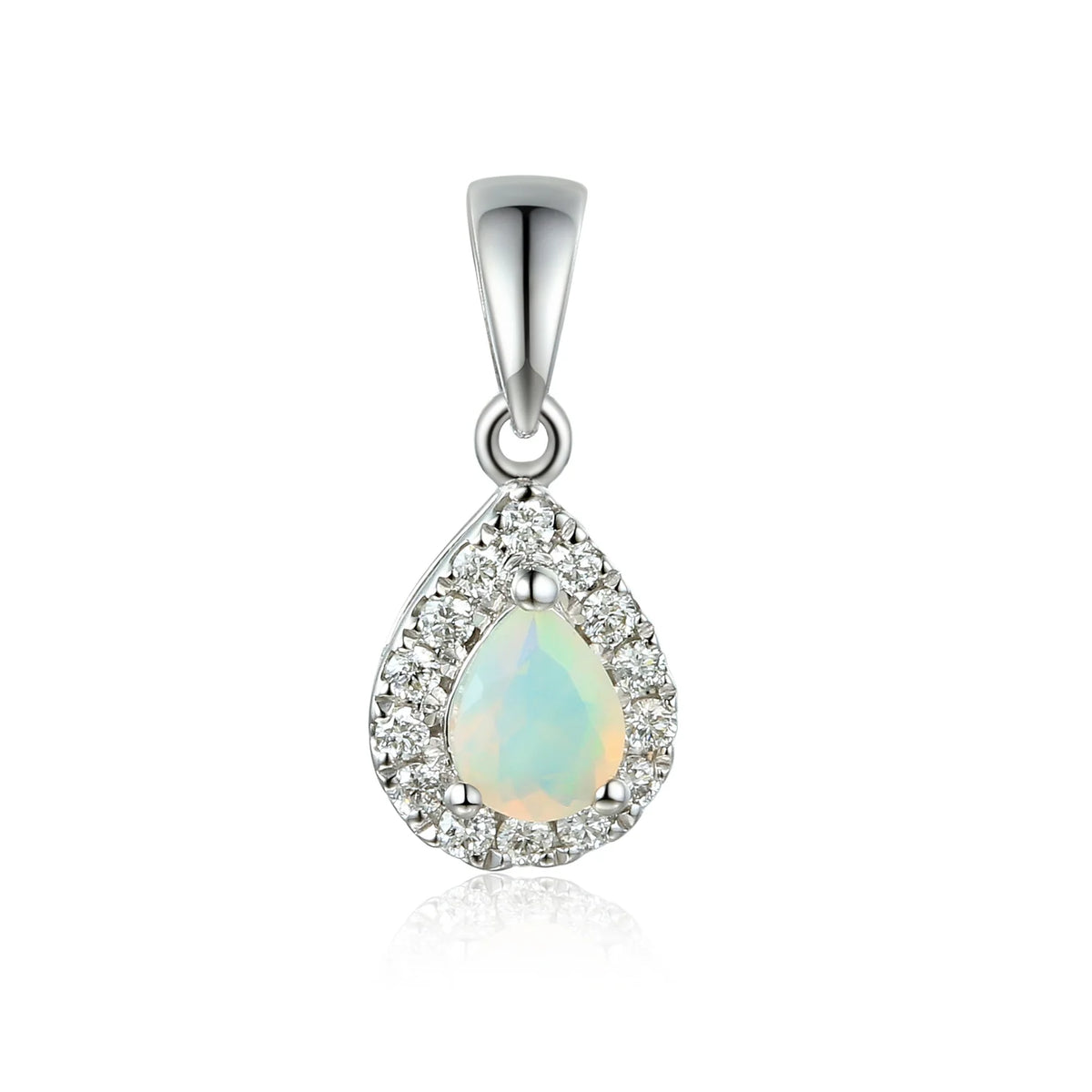Pear-shaped Opal and diamond cluster pendant on white gold curb chain