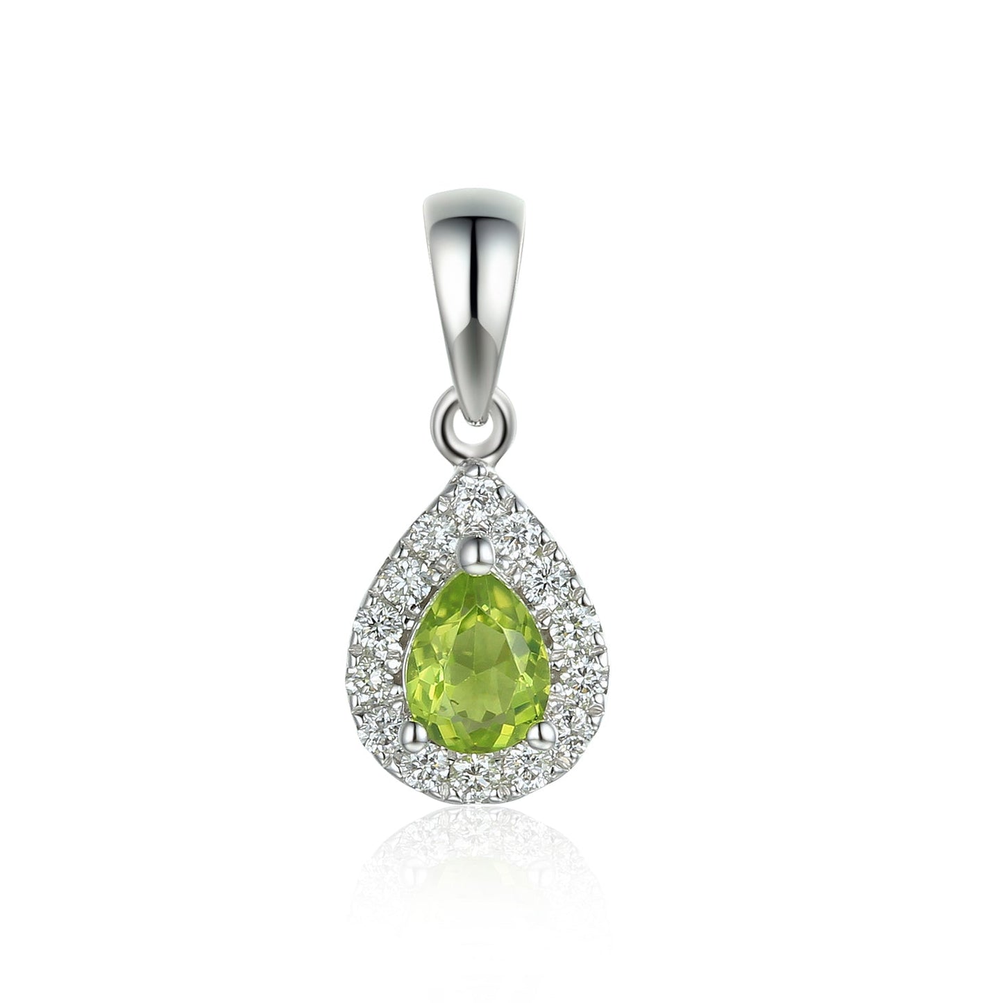 18ct white gold pear cut peridot pendant with a natural diamond cluster and adjustable 16–18 inch chain