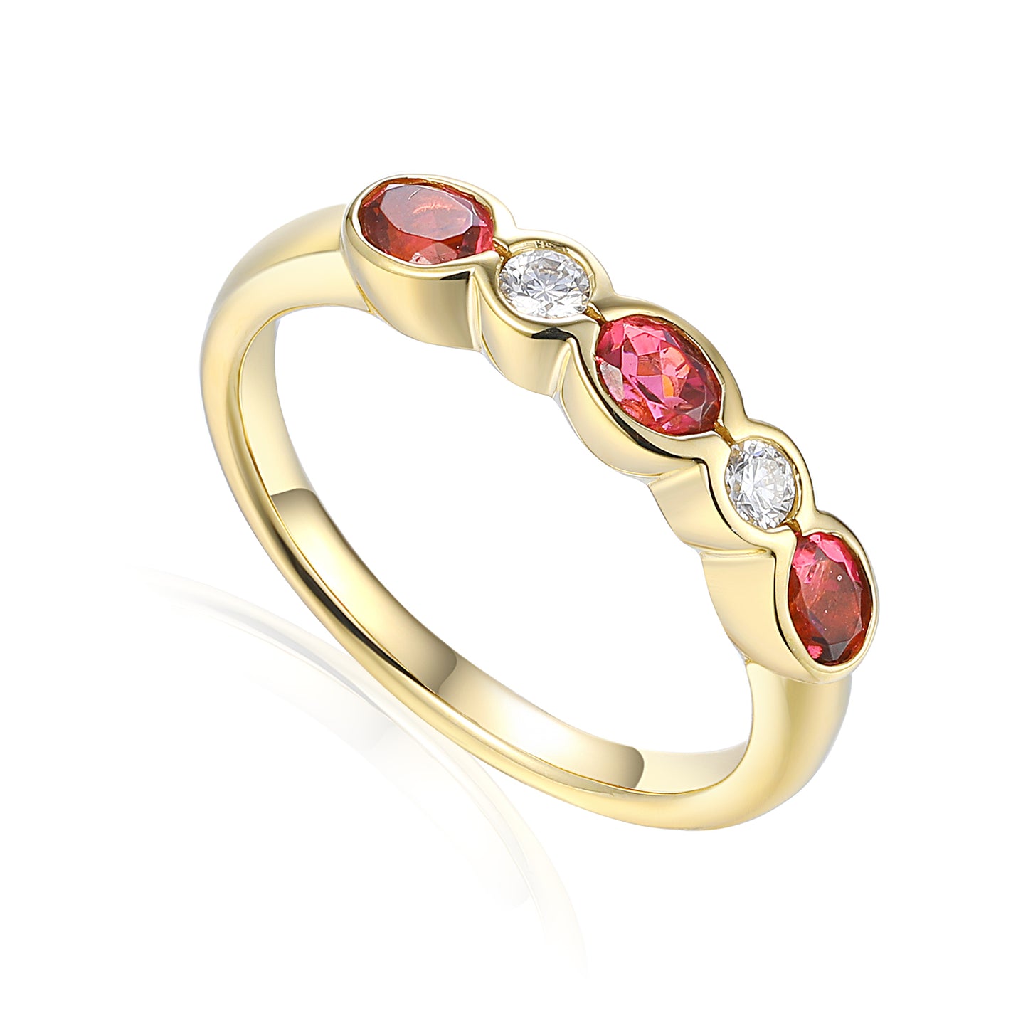 Round pink tourmaline half eternity rubover ring in gold