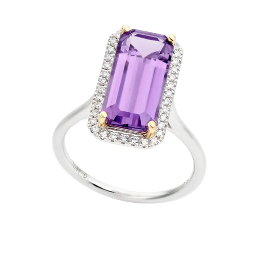 Long Octagon Amethyst & Diamond Ring