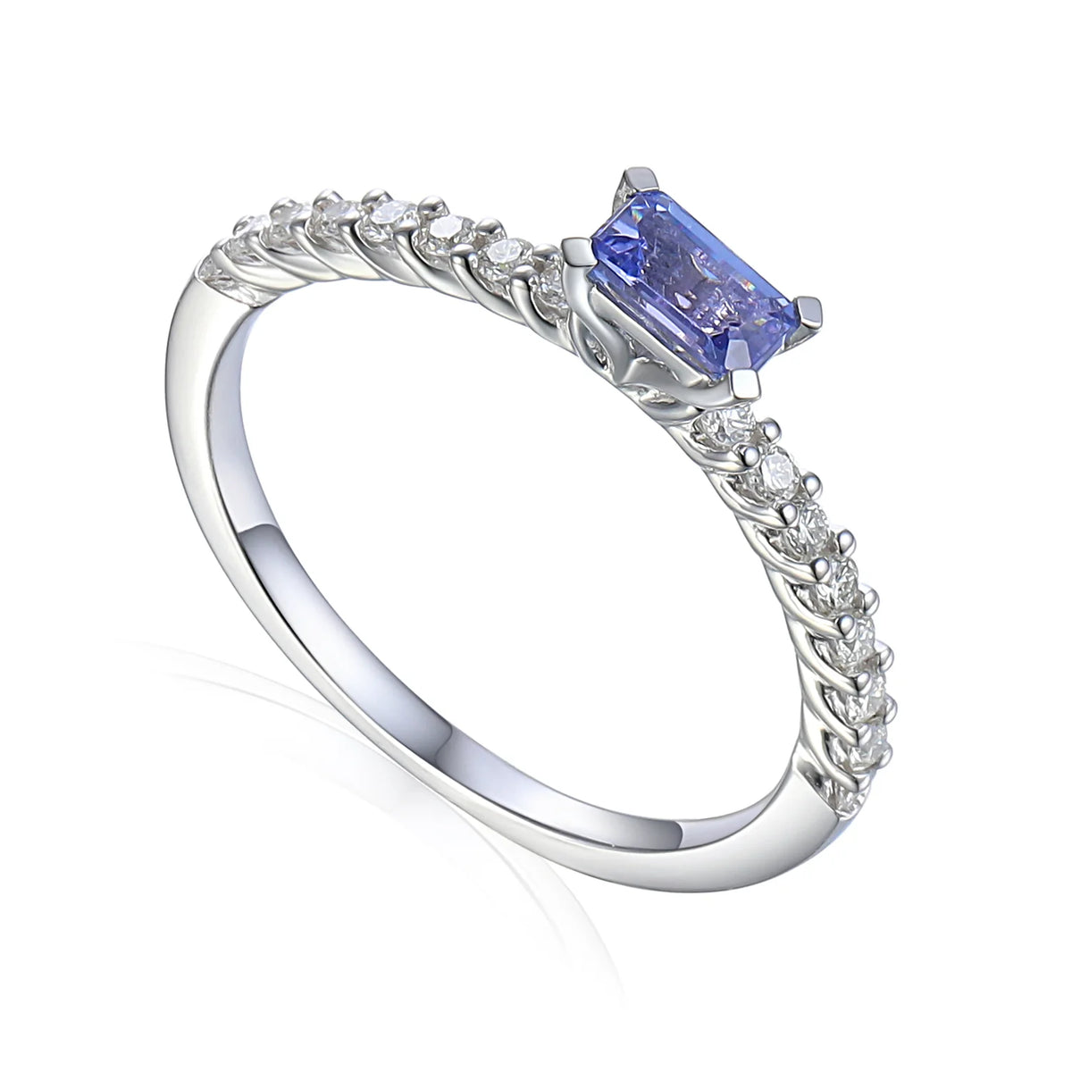 9ct white gold octagonal tanzanite and diamond fine stacking ring
