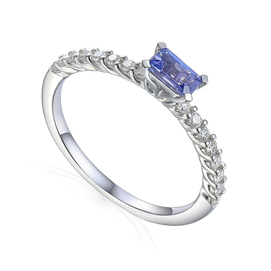 9ct white gold octagonal tanzanite and diamond fine stacking ring