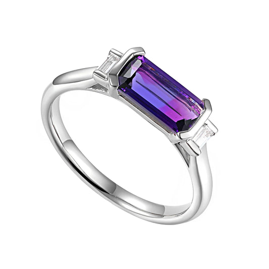 Long Octagon Amethyst Ring With Rubover Baguette Diamonds