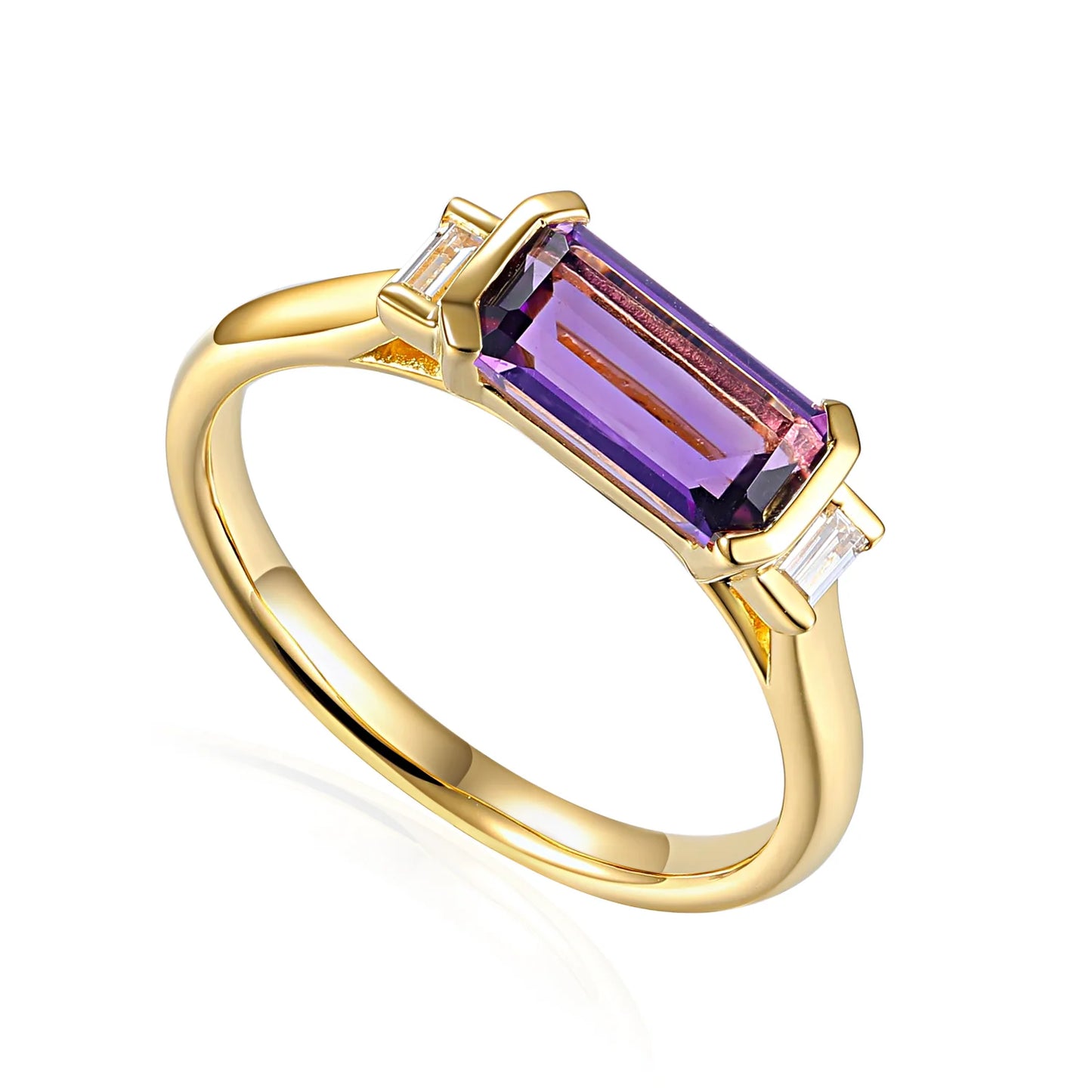 Long Octagon Amethyst Ring With Rubover Baguette Diamonds
