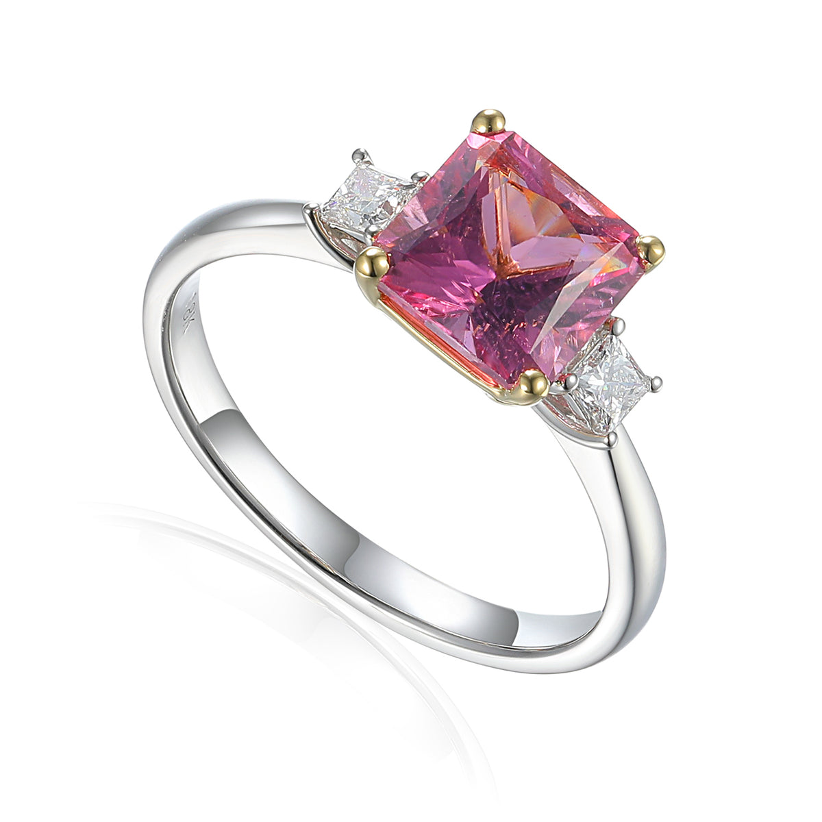 Square pink Tourmaline and diamond three-stone ring in 18ct gold