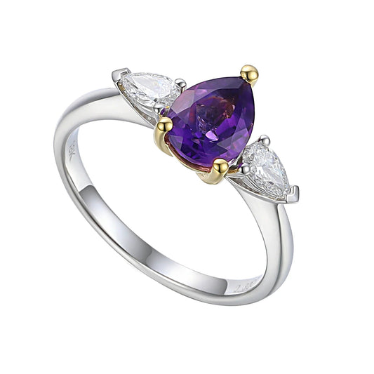 Pear Shape Amethyst and Pear Shape Shoulders Three Stone Ring
