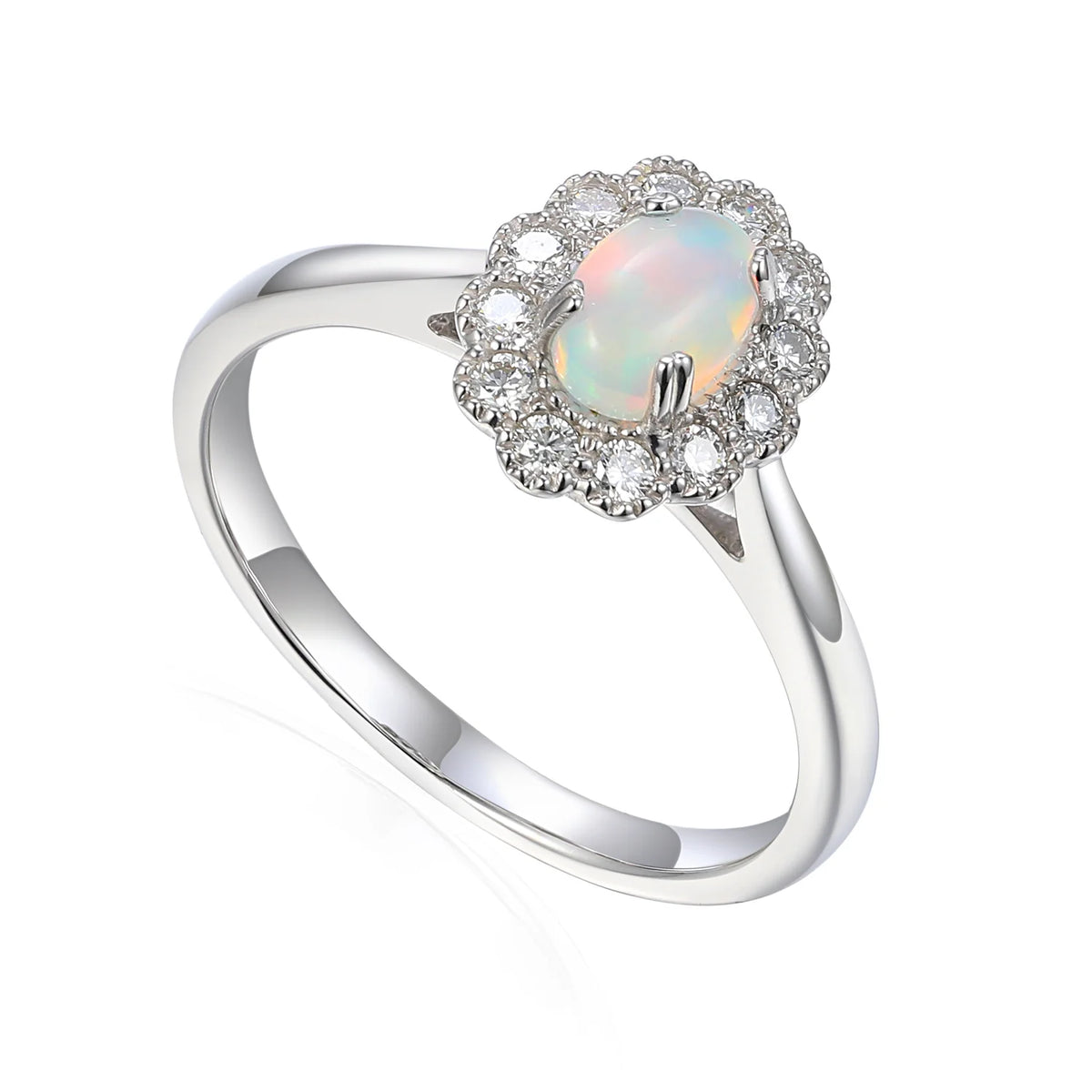 Natural oval opal ring surrounded by twelve brilliant-cut diamonds