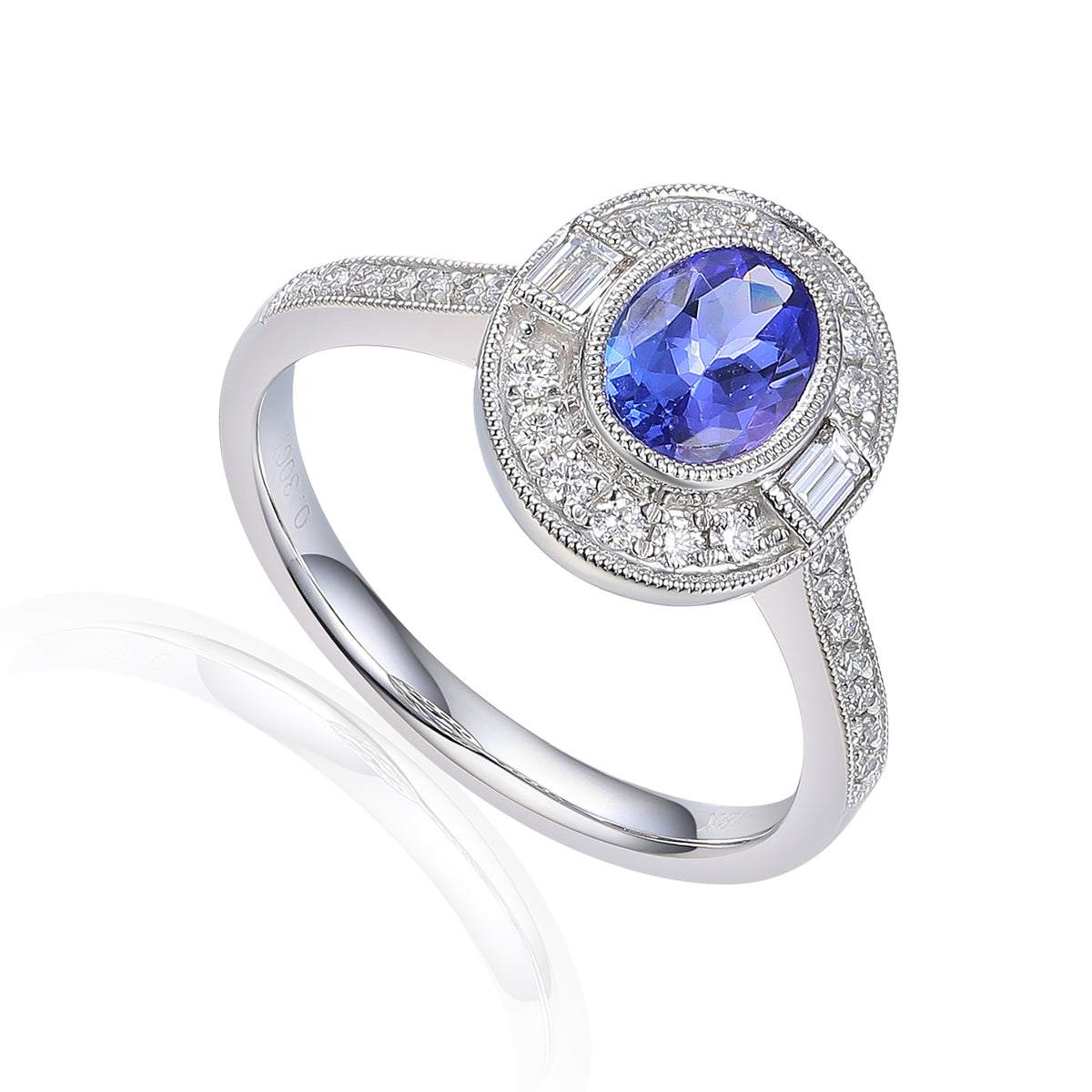 Oval blue-violet tanzanite ring with milgrain diamond halo and baguette diamond shoulders in white gold