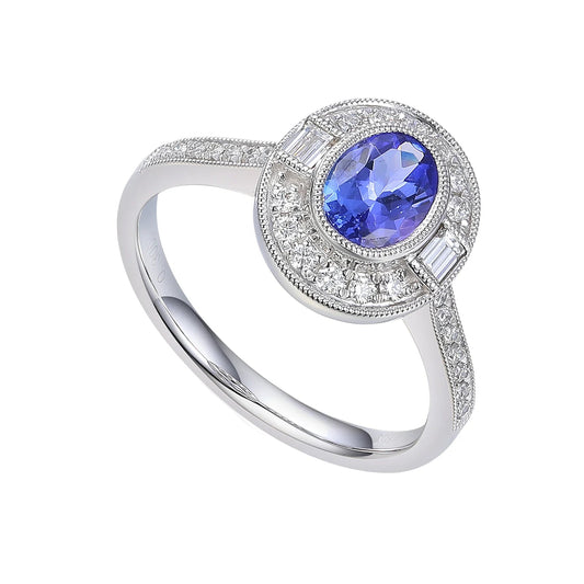 Art Deco Oval Tanzanite Milgrain Diamond Ring