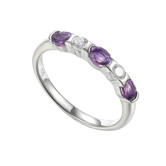 Five Stone Rubover Half Eternity Amethyst and Diamond Ring