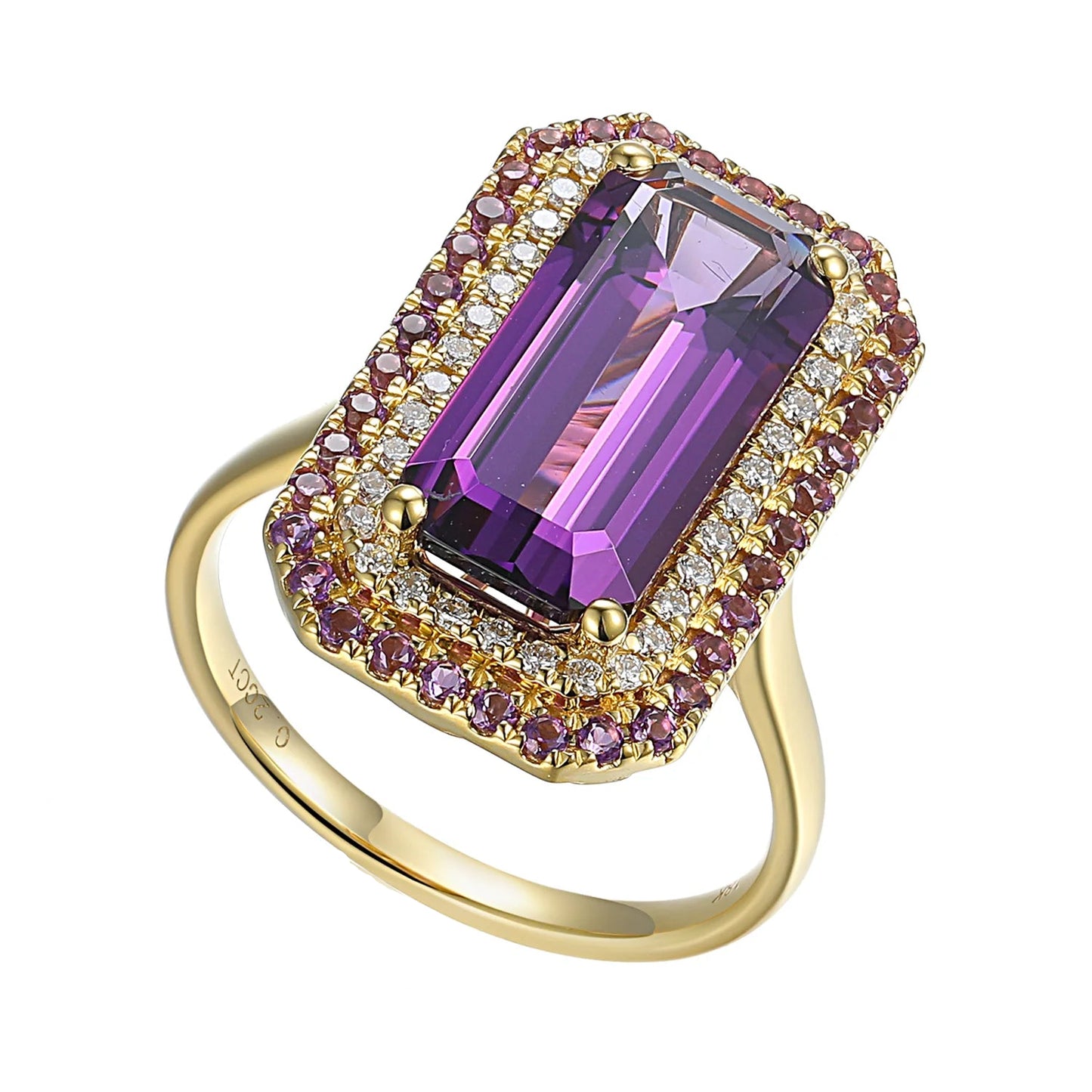 Long Octagon Amethyst Ring With Double Cluster