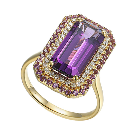 Long Octagon Amethyst Ring With Double Cluster