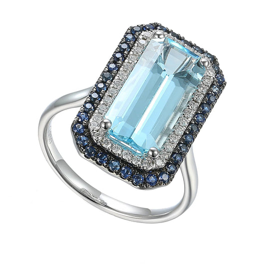 Long Octagon Aquamarine and Sapphires Ring With Double Cluster
