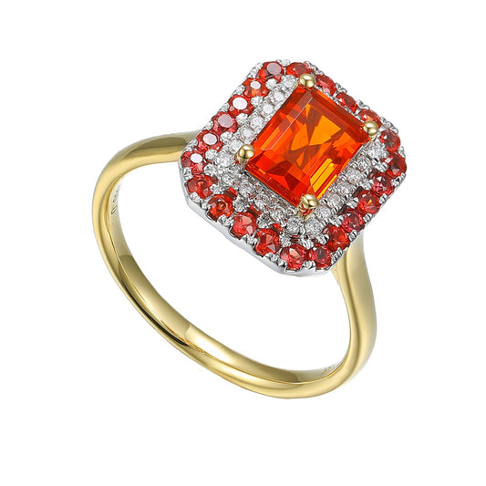 Octagon Fire Opal Ring with Double Cluster and Orange Sapphires in 18ct Gold