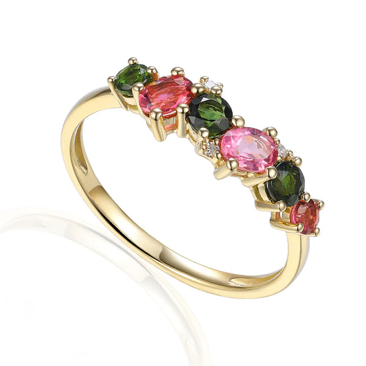 Pink and green tourmaline diamond ring in 9ct gold