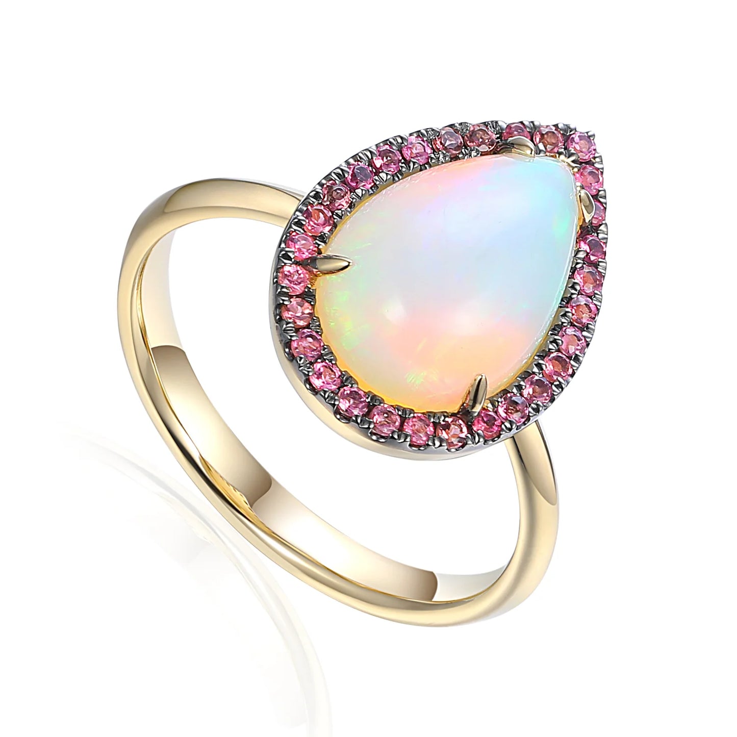 Pear shaped opal and pink tourmaline cluster ring in gold