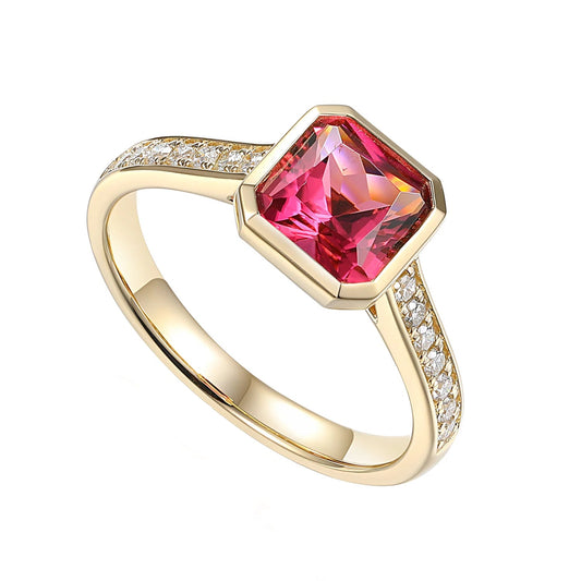 Step Cut Octagon Pink Tourmaline & Diamond Rubover Ring