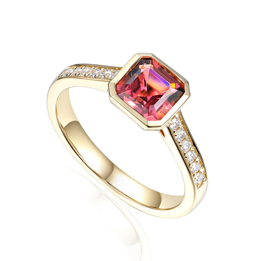 Pink Tourmaline Octagon & Diamond Ring with Pavé Diamond Shoulders