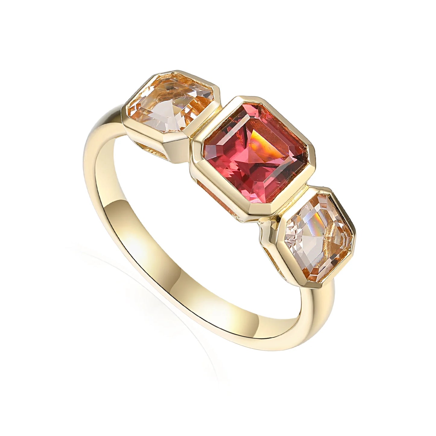 Morganite and pink tourmaline three stone gold ring