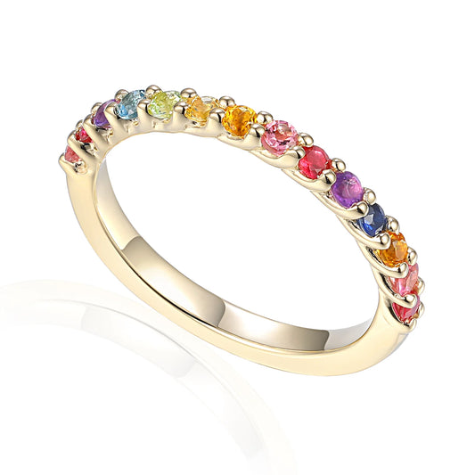 9ct yellow gold rainbow gemstone half eternity ring with natural coloured gemstones