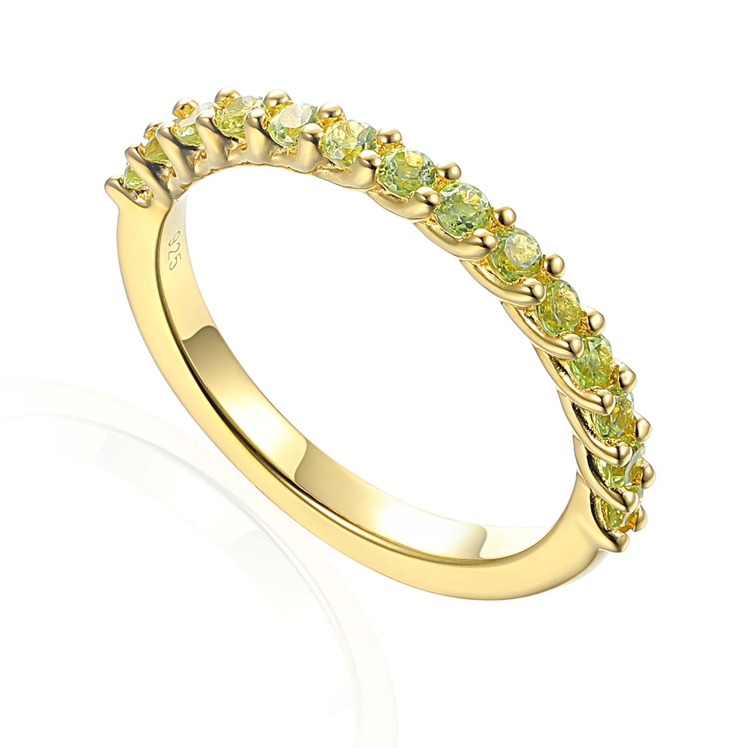 9ct yellow gold stackable eternity ring featuring a row of natural claw set peridot gemstones