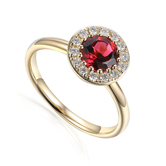 Round pink tourmaline and diamond cluster ring in gold