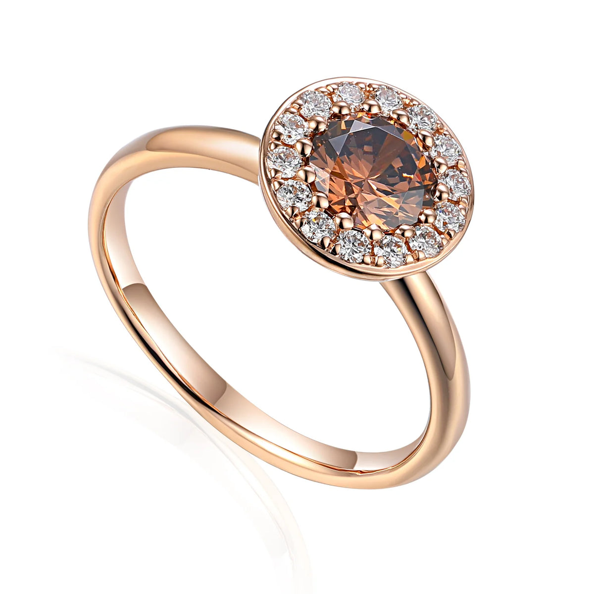 Whisky brown zircon and diamond halo ring in rose gold