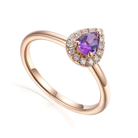 Pear-shaped Amethyst and diamond cluster ring in rose gold